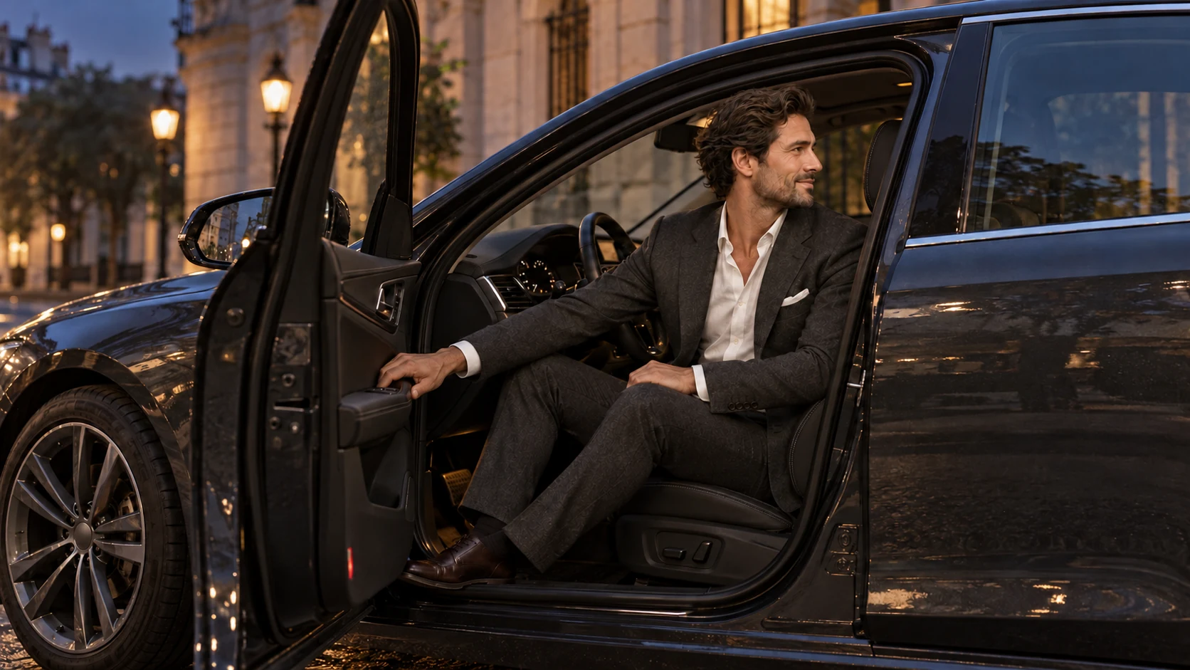 Film concept: a suited man seated in an open driver doorway.