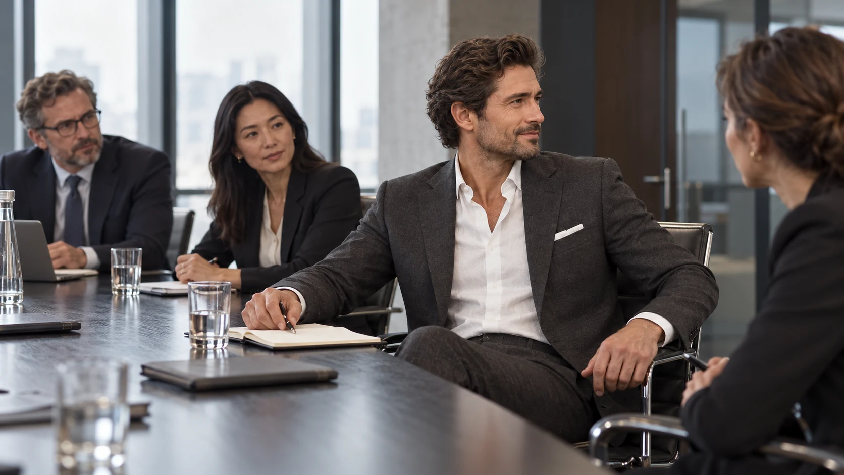Film concept: a suited man seated at a boardroom table.