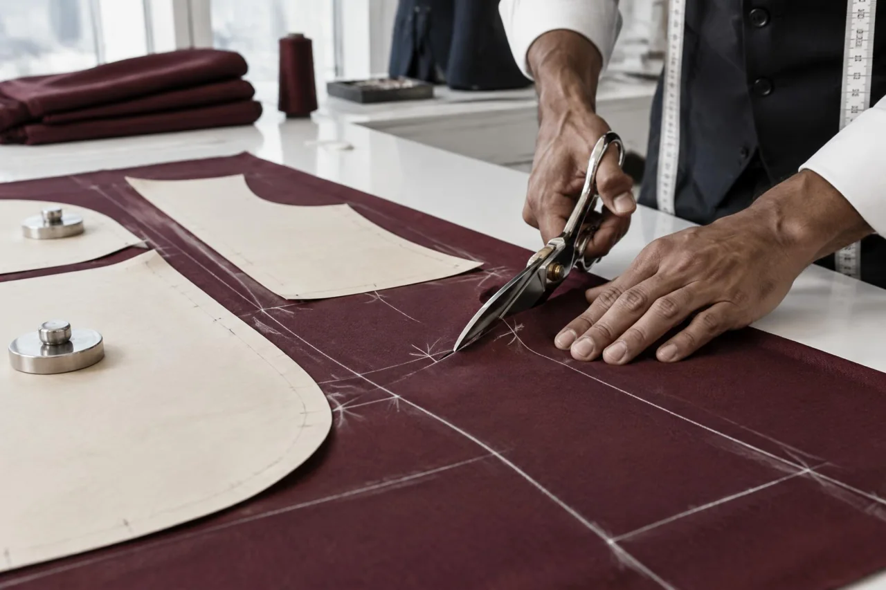 Illustrative tailoring scene: cutting cloth at a worktable